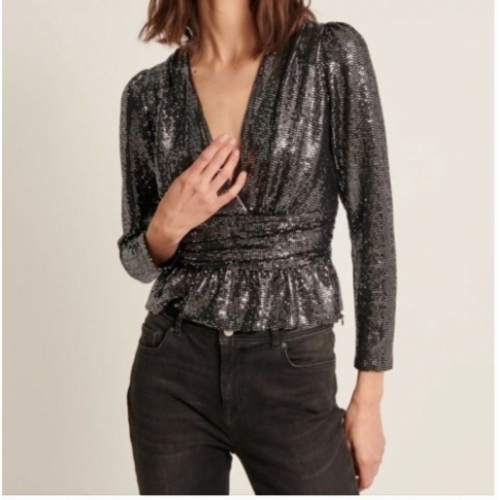 ba&sh Mae Metallic Sequin Ruched Peplum Top Black Silver M